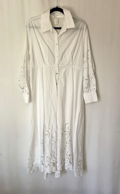 H&M Dress Large Midi White Aline Long Sleeve Eyelet Button Up